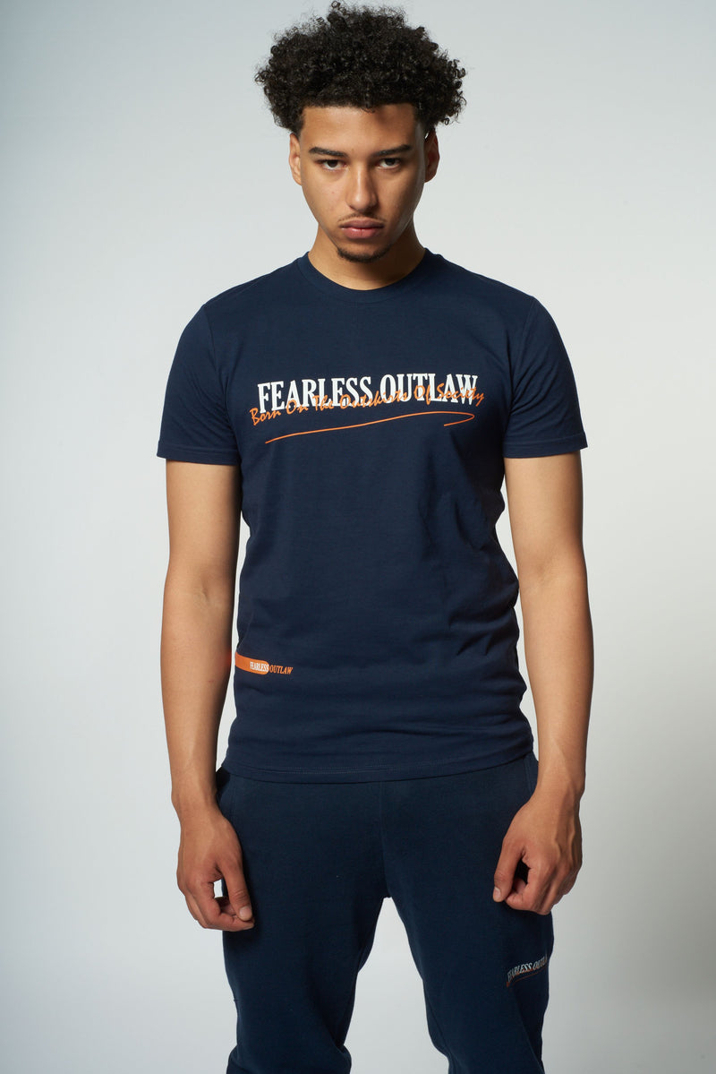 Fearless Outlaw Graffiti T-Shirt - Navy/Orange